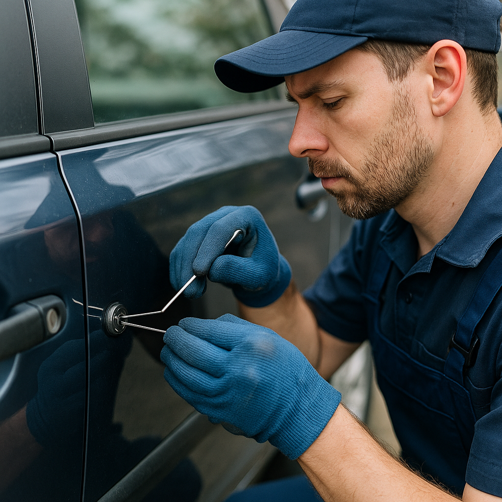 Schlüsseldienst Krefeld-Fischeln öffnet eine Autotür fachgerecht und hilft schnell, wenn der Autoschlüssel im Fahrzeug eingeschlossen ist.