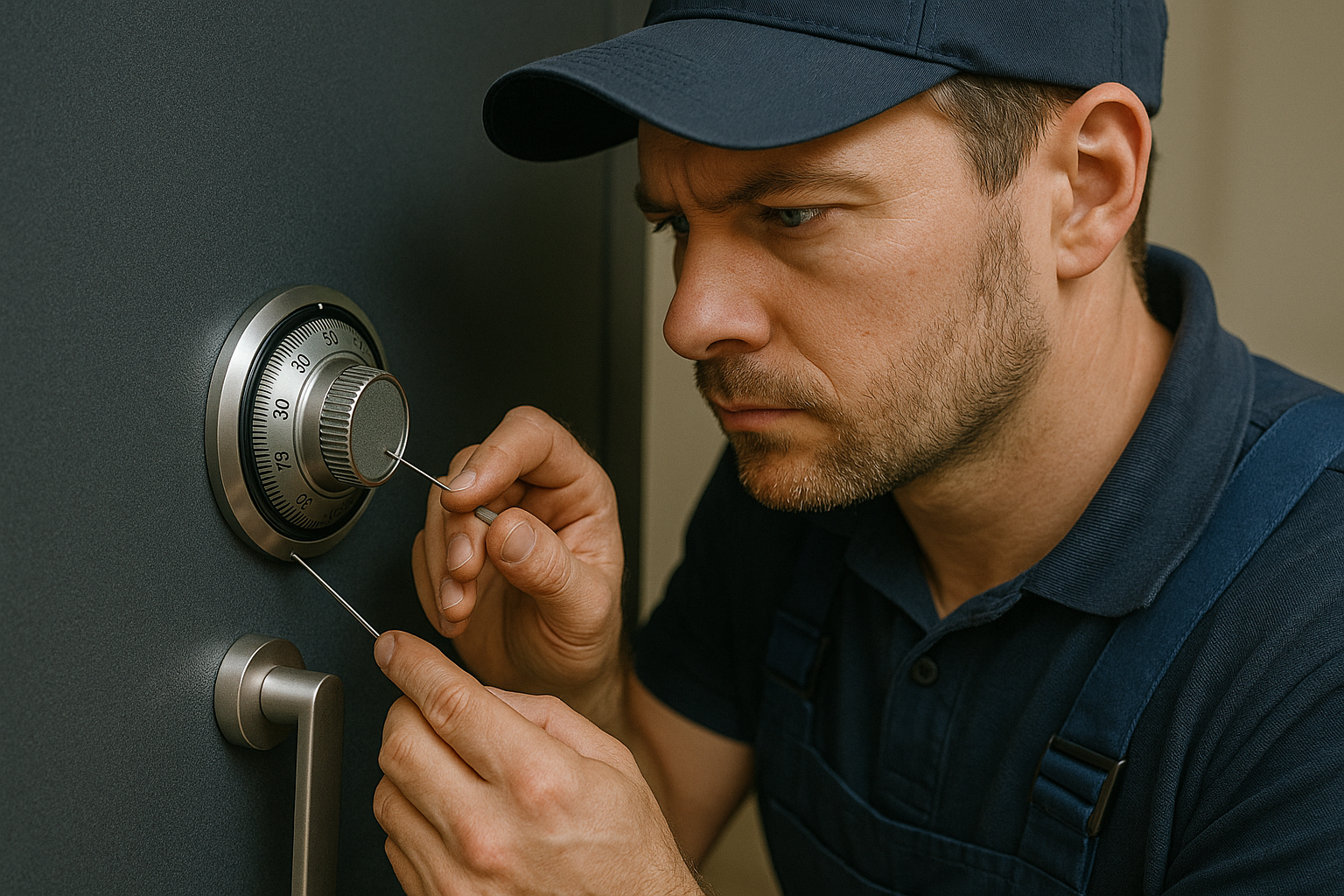 Ein Fachmonteur vom Schlüsseldienst Krefeld-Fischeln arbeitet an einem verschlossenen Tresor und stellt den Zugang professionell wieder her.